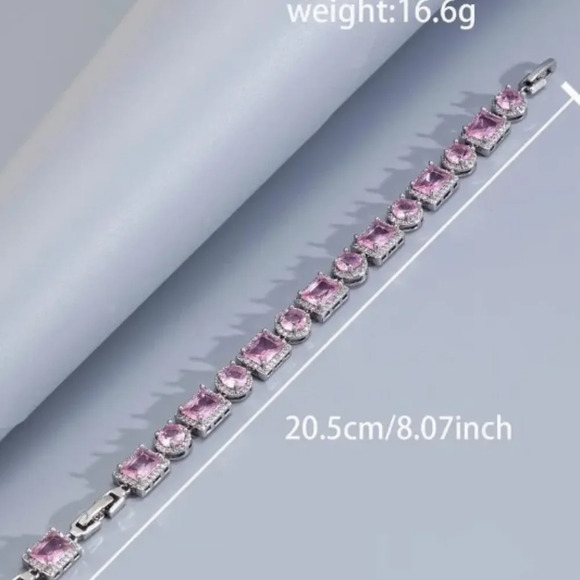 Glittering Pink Zircon 8 inch Bracelet - Exquisite Round Square Design - Picture 4 of 5